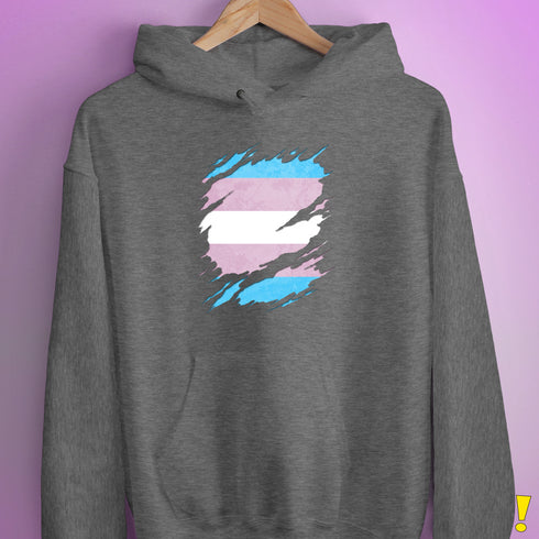 Transgender Pride Flag Ripped Reveal Hoodie - Grey Heather